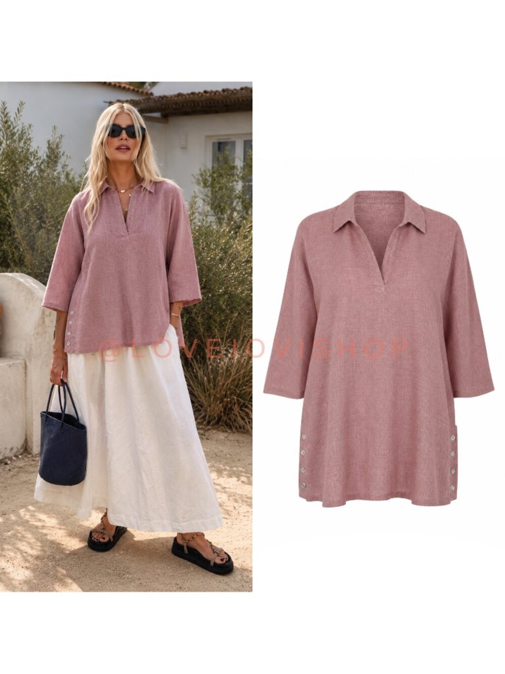 Coastal |c 100% Linen Mauve Pink Soft Tunic Top | Shell Button | 3X